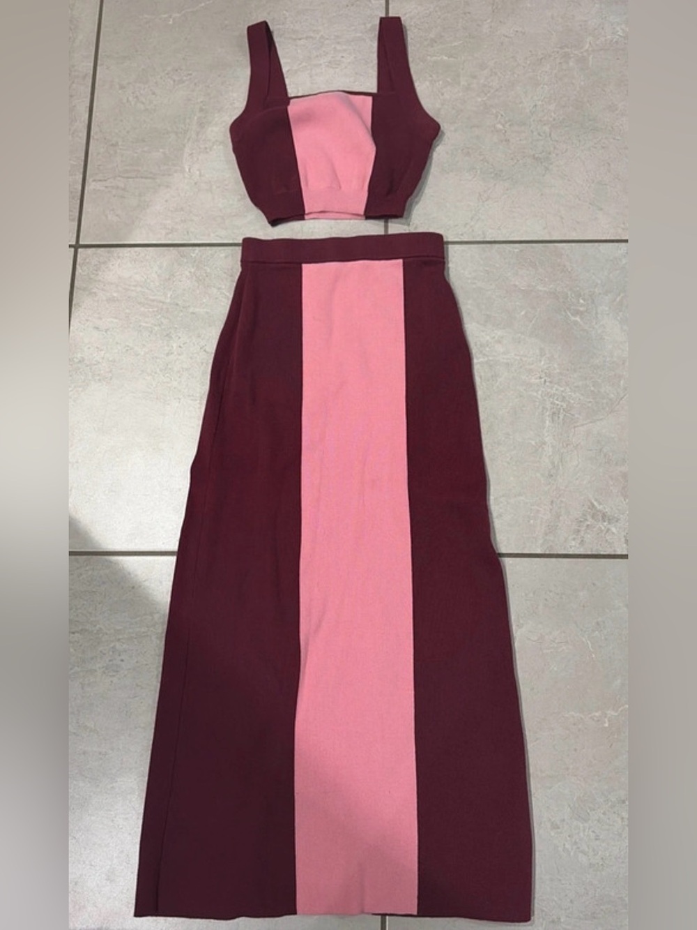LE BOP Colorblock Midi Skirt in Burgundy and Pink Size Small